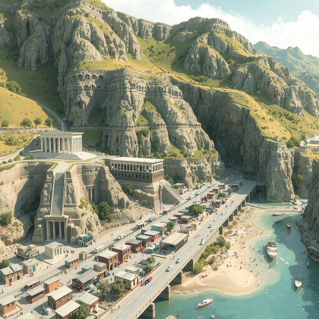 Ancient-style mining town near rocky cliffs resembling Laurion, Greece, with classical architecture, aqueducts, and coastal trade routes—illustrating the historical setting of lead and silver mining that fueled Athens' economy and contributed to ancient environmental pollution
