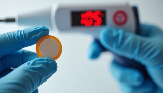 FDA safety alert image showing a scopolamine transdermal patch held by gloved hands with a medical device in the background, illustrating new FDA age limits and pediatric safety concerns for scopolamine patch use