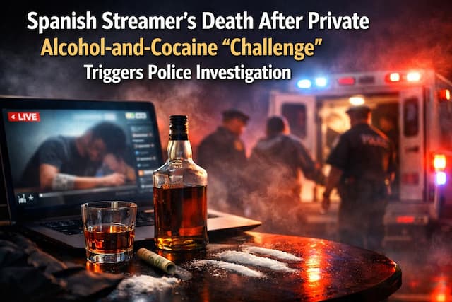 Spanish streamer death news graphic showing a private livestream on a laptop, whiskey bottle and glass on a table, and blurred police/ambulance lights in the background, illustrating alcohol-and-cocaine overdose investigation.