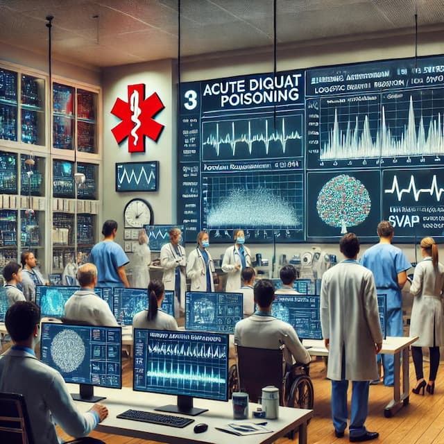 Doctors and researchers in a hospital emergency room analyzing machine learning models on computer screens. The screens display data and graphs related to acute diquat poisoning, highlighting the high predictive accuracy of models like random forest, logistic regression, SVM, and gradient boosting. Medical charts and SHapley Additive ExPlanations (SHAP) values illustrate key risk factors. The scene captures focused collaboration and innovation in using machine learning for predicting death risk in poisoning cases.