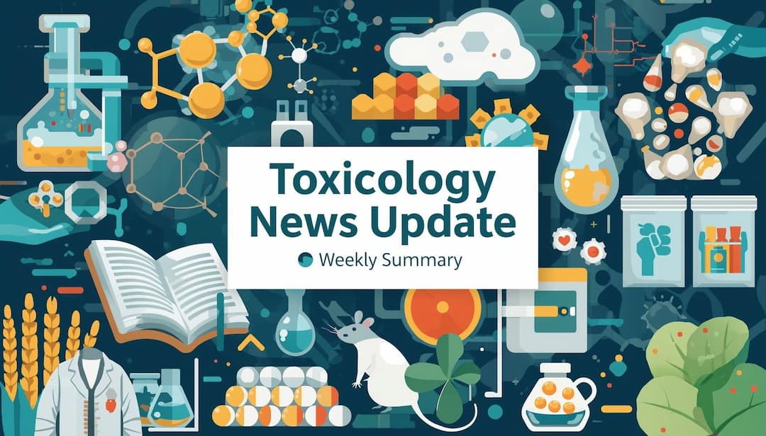 Illustrated cover design featuring laboratory equipment, chemical structures, plants, medical symbols the title ‘Toxicology News Update – Weekly Summary.