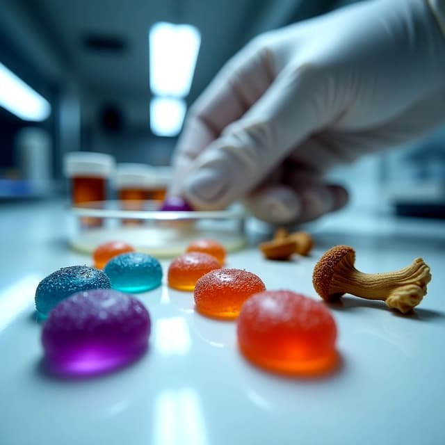 Psilocybin gummies and mushroom on lab bench during testing, showing contamination risk from dangerous synthetic compounds in psychedelic candy products.