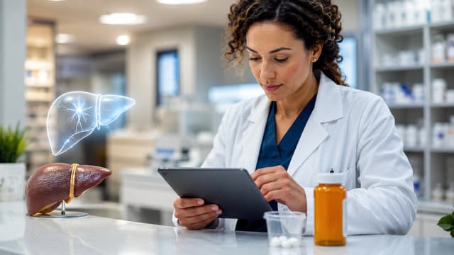 Medication safety review with generic opioid-acetaminophen tablets and liver toxicity risk visual
