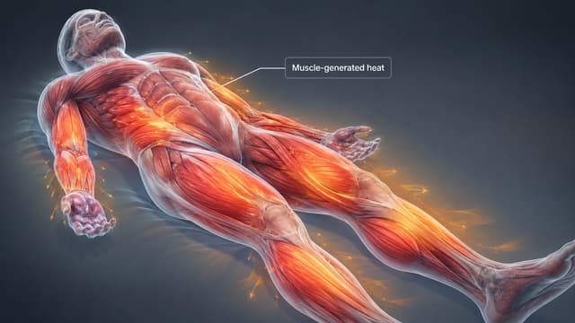 Scientific illustration showing sustained skeletal-muscle contraction generating dangerous heat in severe serotonin toxicity rather than a typical fever.