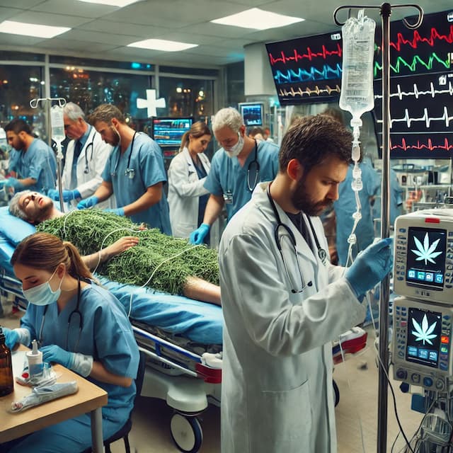 Emergency room scene with medical professionals treating patients affected by synthetic cannabinoid overdoses, illustrating the growing health threat