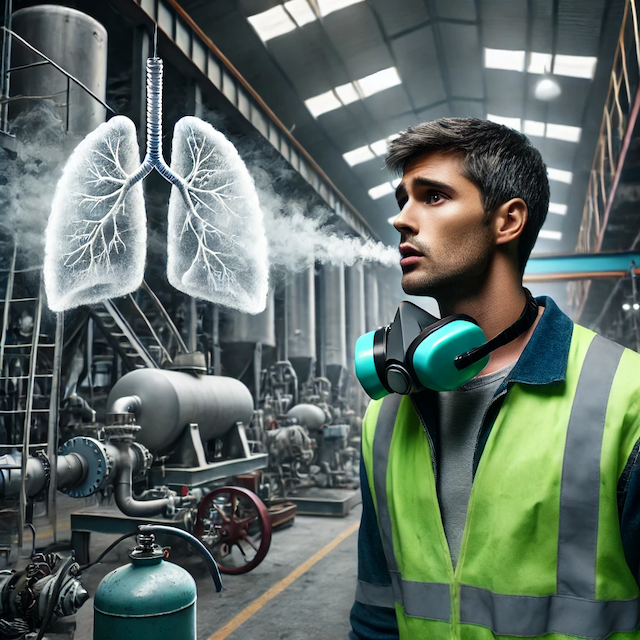 27-year-old male exposed to phosgene gas at an industrial workplace, wearing safety gear and facing risk of delayed lung injury. Visual representation of workplace hazards and respiratory risks in hazardous environments.