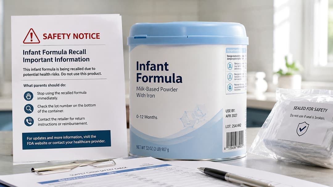 Recalled infant formula beside a safety notice, illustrating an FDA warning after infant botulism outbreaks.