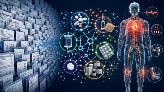 Medical illustration of hundreds of serotonin syndrome case reports forming a drug-interaction network linked to clonus, hyperreflexia and hyperthermia.