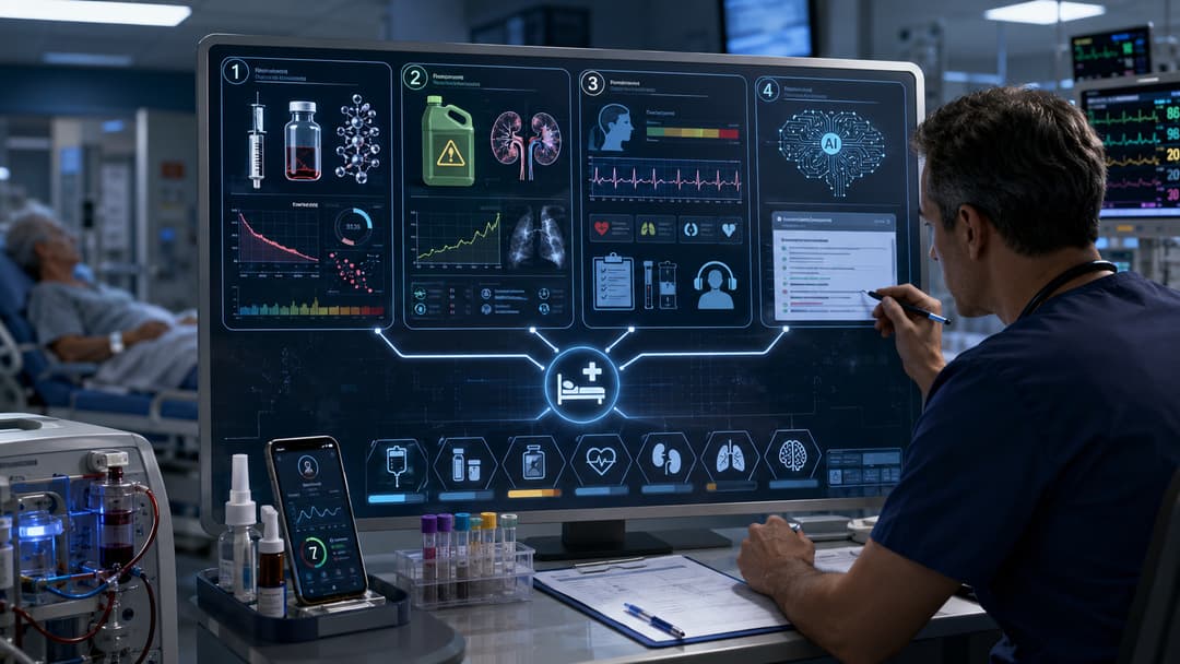 Emergency medical toxicology workstation showing methanol acidosis markers, paraquat kidney risk, ED poisoning triage, overdose monitoring, and AI note review.