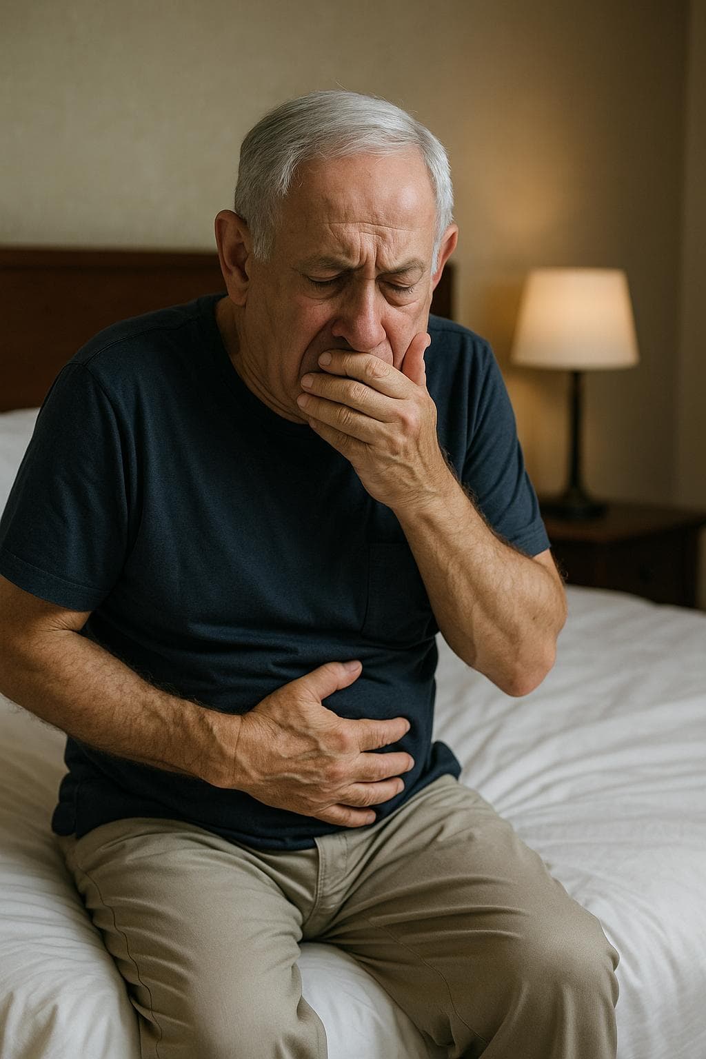 Netanyahu sitting on a bed, holding his stomach and covering his mouth, showing signs of nausea and abdominal pain from food poisoning in a dimly lit bedroom.
