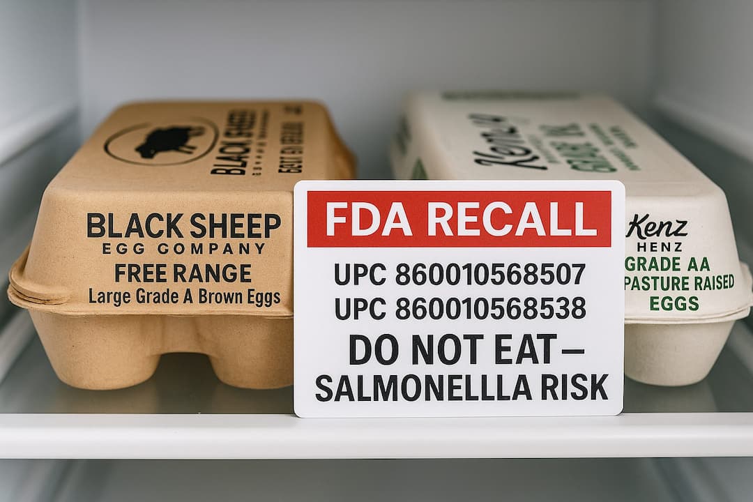 FDA egg recall — Black Sheep Egg Company and Kenz Henz cartons on a refrigerator shelf with a red ‘FDA RECALL: Do Not Eat — Salmonella Risk’ notice, showing UPCs 860010568507 and 860010568538 and Best By 10/31/2025
