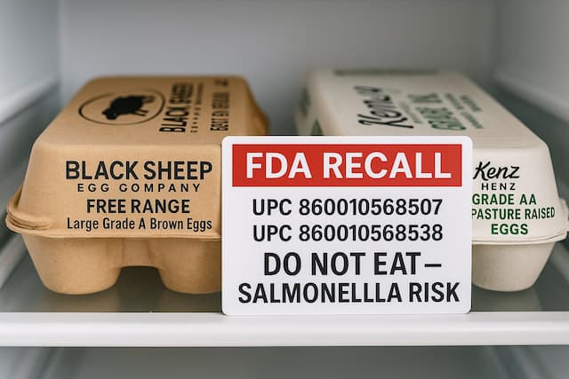 FDA egg recall — Black Sheep Egg Company and Kenz Henz cartons on a refrigerator shelf with a red ‘FDA RECALL: Do Not Eat — Salmonella Risk’ notice, showing UPCs 860010568507 and 860010568538 and Best By 10/31/2025