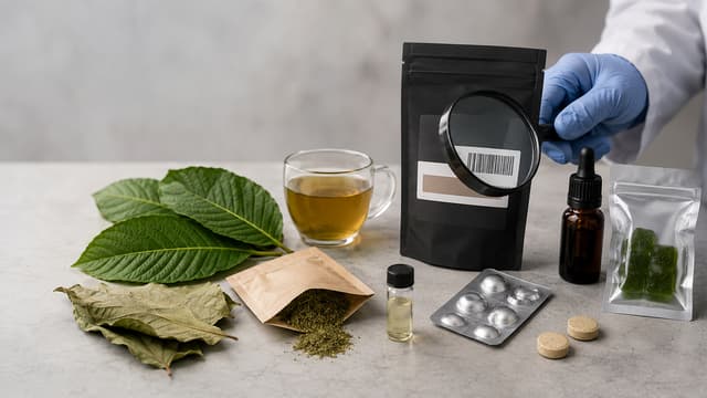 Botanical kratom leaves compared with concentrated 7-OH tablets, gummies and extract products during a professional medical toxicology inspection.