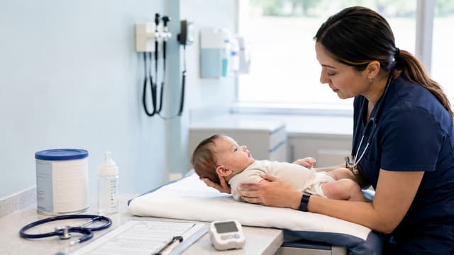 Pediatric clinician assessing an infant’s head control and muscle tone beside generic formula and monitoring equipment for possible infant botulism.