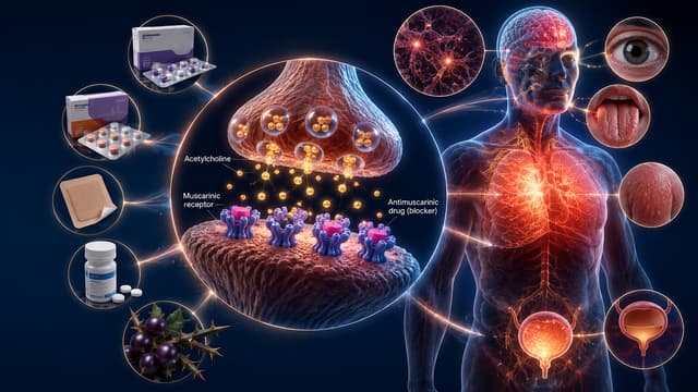 Medical illustration of antimuscarinic drugs blocking acetylcholine receptors and causing dilated pupils, delirium, dry skin, hyperthermia and urinary retention.