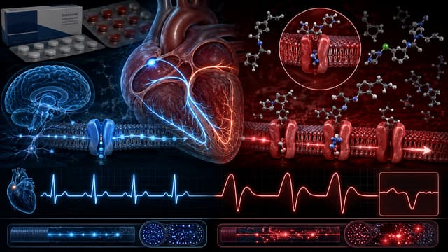 Cardiac illustration showing diphenhydramine-related sodium-channel blockade causing slowed conduction and QRS widening during anticholinergic poisoning.