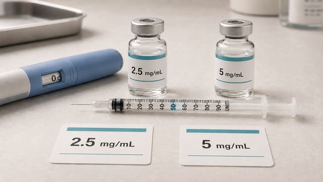 Editorial still life of a GLP-1 injection pen, vial and U-100 syringe illustrating how concentration and syringe markings can cause dosing errors.