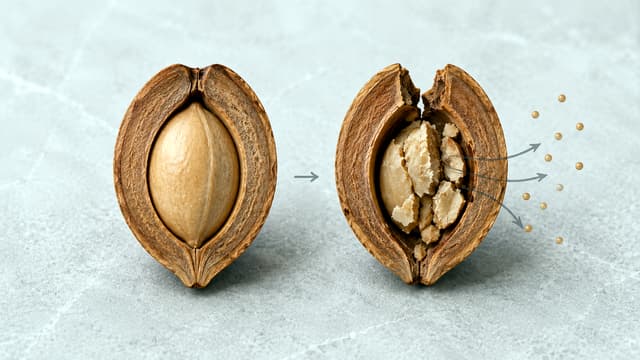 Medical cutaway compares an intact cherry stone with a cracked pit and exposed kernel, showing why chewing or crushing can increase cyanide availability.